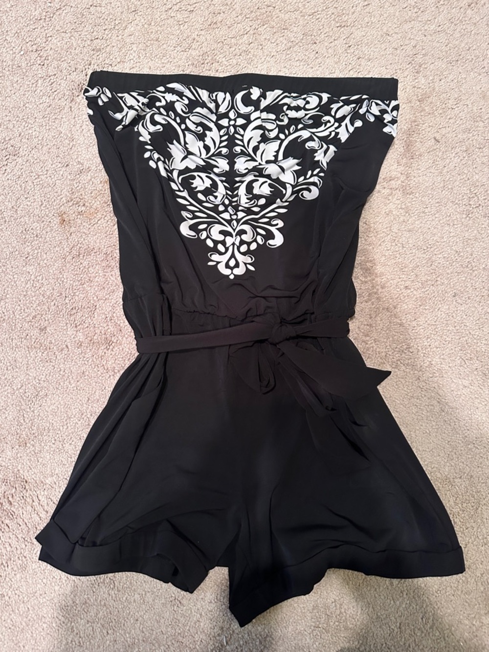 White House Black Market Black Strapless Romper with White Bib Detail